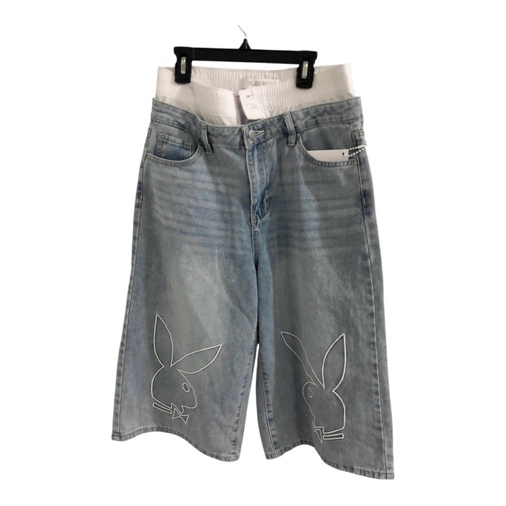 Playboy embroidered white playboy bunny tuxedo style‎ waist jeans shorts size 7